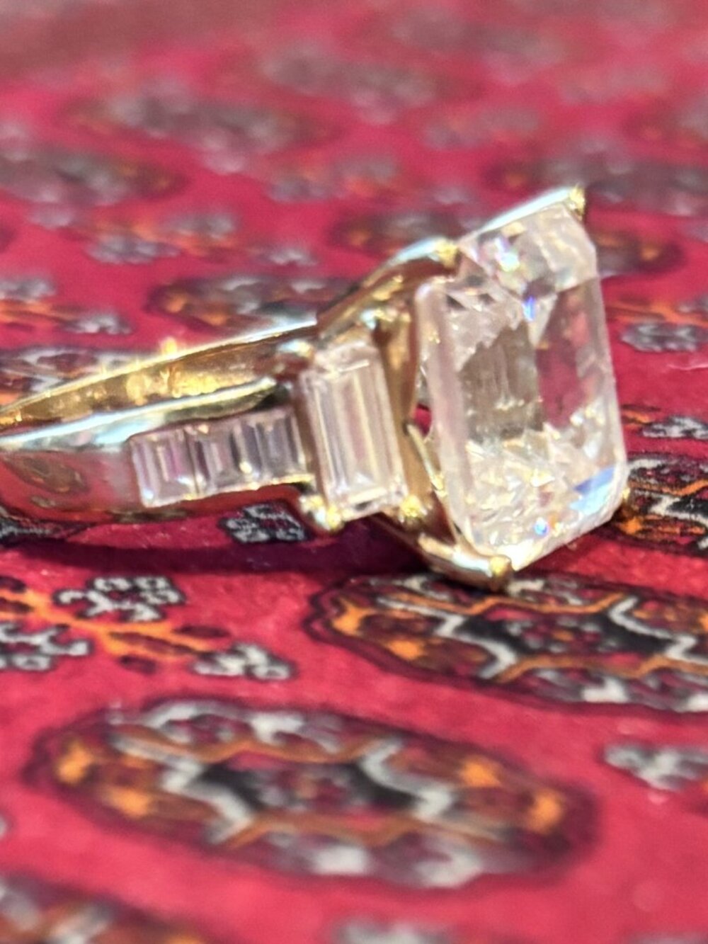 925 Sterling Silver Gold Overtone Emerald Cut CZ 3-Stone Ring Size 8